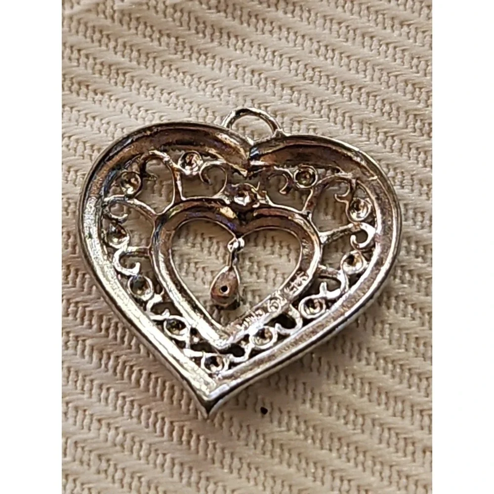 Sterling Silver Filigree Heart Dangle Center Marcasite Pendant Necklace 1" VTG - Picture 4 of 6
